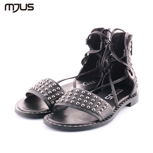 MJUS意大利牛皮鞋复古做旧女款黑色铆钉凉鞋954002