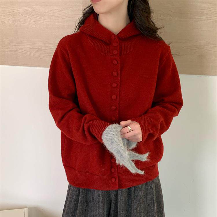2025冬季爆款法式高领酒红色针织衫女纯色连帽简约慵懒感毛衣外套,女装/女士精品,羊绒衫,淘宝优惠券,粉丝福利购,淘宝优惠卷