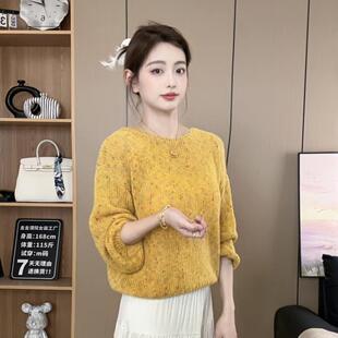 秋冬韩系优雅风重工彩纱圆领长袖套头慵懒针织衫女黄色软糯毛衣潮