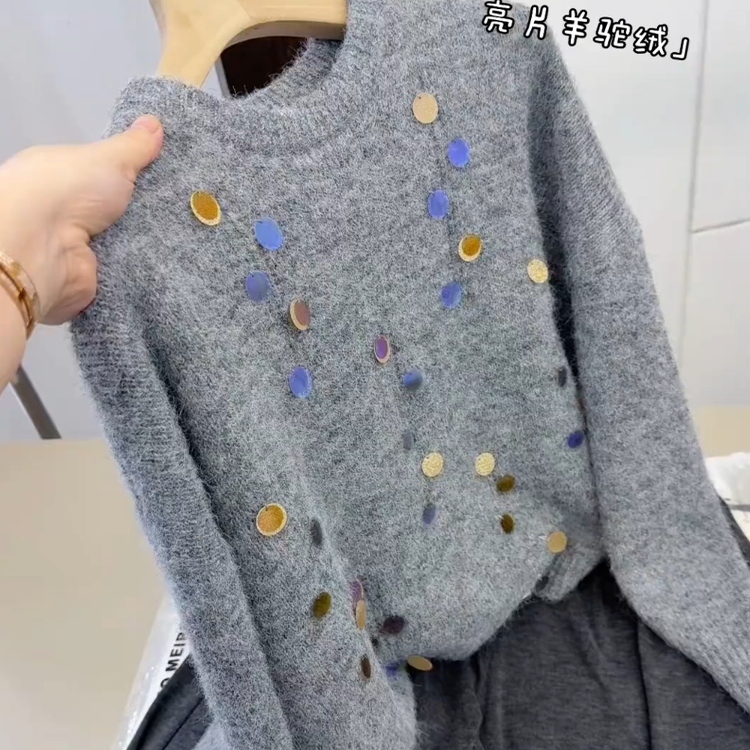 韩版宽松显瘦圆领亮片针织毛衣女