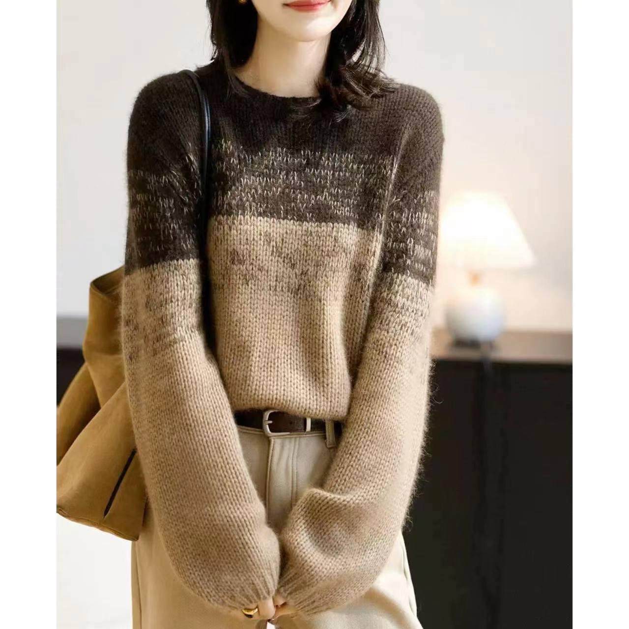 绵羊毛卡布奇诺渐变色秋季北欧显瘦圆领针织毛衣女套头上衣打底衫,女装/女士精品,羊绒衫,淘宝优惠券,粉丝福利购,淘宝优惠卷