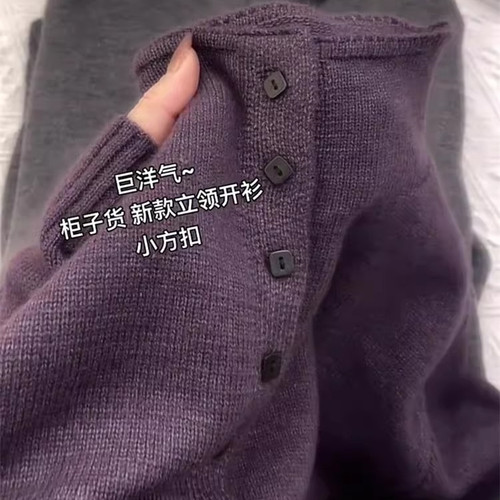 韩版洋气紫色立领方扣针织开衫女