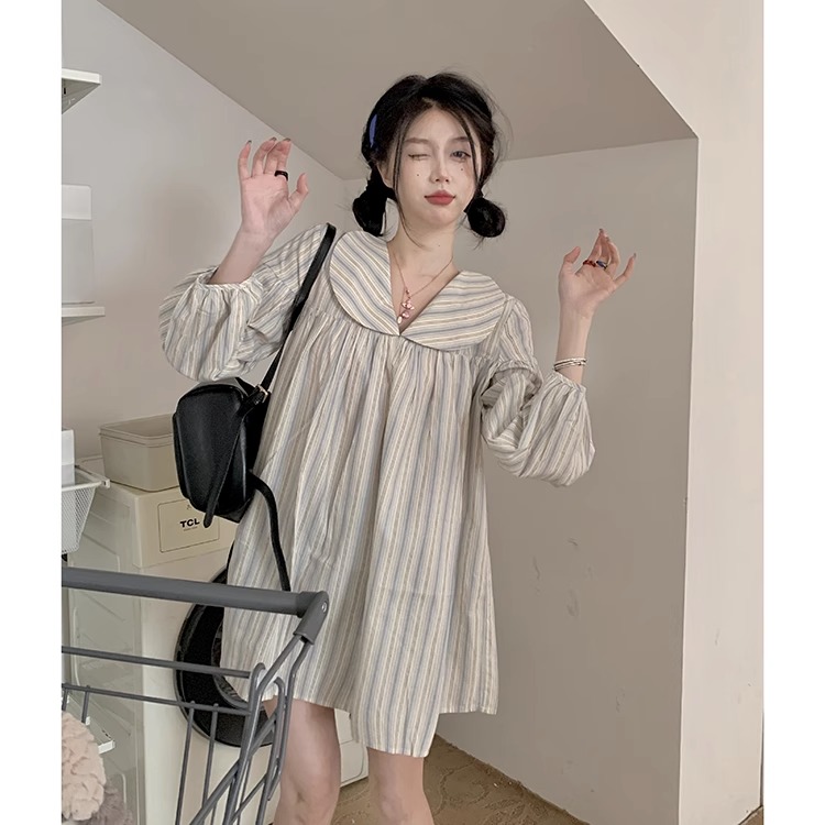特大码胖mm300斤甜美条纹长袖连衣裙夏季新款时尚减龄娃娃领气质2