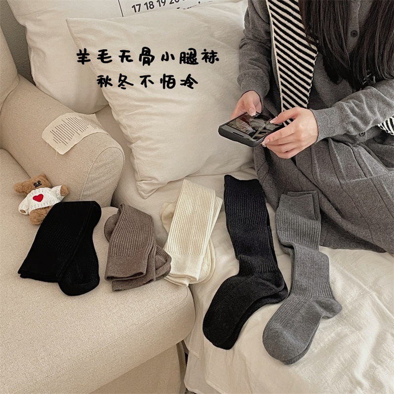 重磅~秋冬微压瘦腿小腿袜女加厚美利奴羊毛jk双针长筒无骨堆堆袜