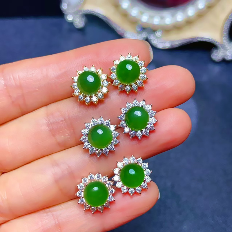 S925纯银镶天然和田玉碧玉耳钉女防过敏冰种翡翠绿金镶玉耳环耳饰