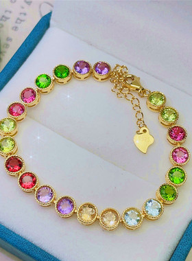 女天然水晶925银彩色宝石手链