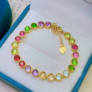 S925银天然石榴石 托帕石 橄榄石 黄水晶 紫水晶手链彩色宝石手串