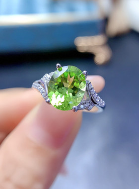 天然橄榄石戒指女S925纯银时尚个性百搭小清新绿宝石指环开口饰品