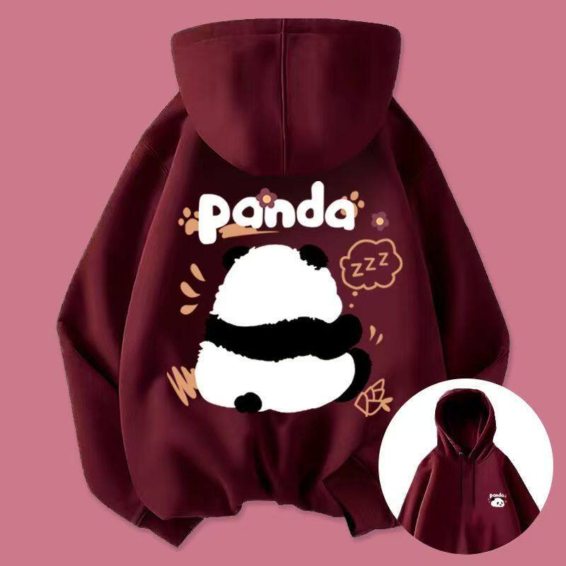 女童潮牌可爱卡通熊猫印花纯棉连帽卫衣中大童女冬季宽松加绒外套