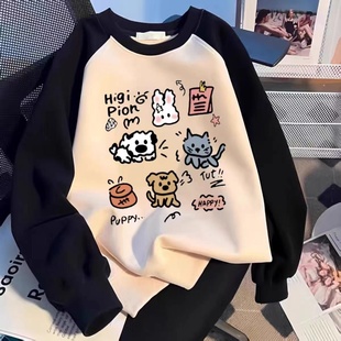 女童插件圆领卫衣2025秋冬新款慵懒风中大童学生印花加绒加厚上衣