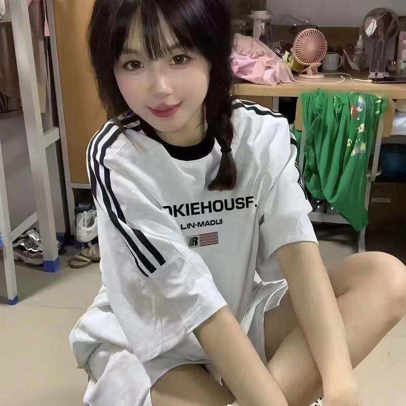 中大童设计感字母印花纯棉短袖t恤女夏季宽松百搭街头三条杠上衣,童装/婴儿装/亲子装,T恤,淘宝优惠券,粉丝福利购,淘宝优惠卷