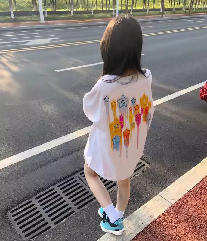 夏装2025新款纯棉女童t恤短袖百搭宽松小众星潮流印花中大童上衣
