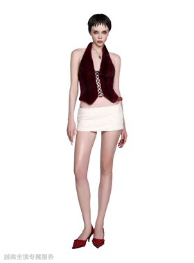 越在线越南小众lsoul新款性感辣妹纯欲挂脖露背绑带上衣短裙套装