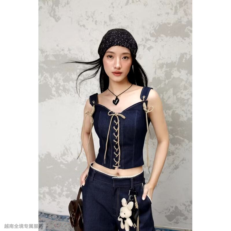 越在线越南小众cera新款性感辣妹镂空蕾丝牛仔抹胸背低腰休闲长裤