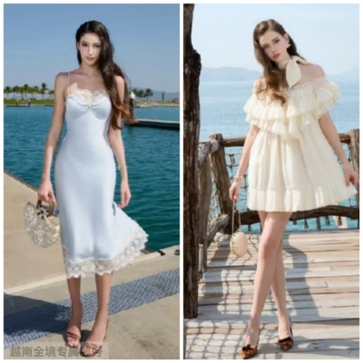 越在线越南小众Ameliee新款优雅蕾丝拼接吊带裙+一字肩连衣短裙