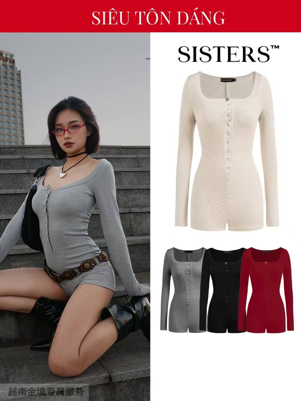 越在线越南小众品牌sisters性感辣妹纽扣大U领修长袖连体衣