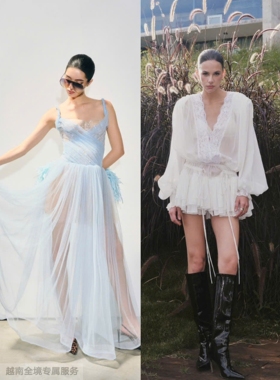 越在线越南小众ononmade纯欲风吊带网纱飘逸长裙/蕾丝荷叶边短裙