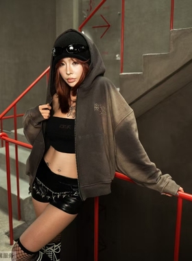 越在线越南小众isme新款简约百搭做旧连帽拉链卫衣外套