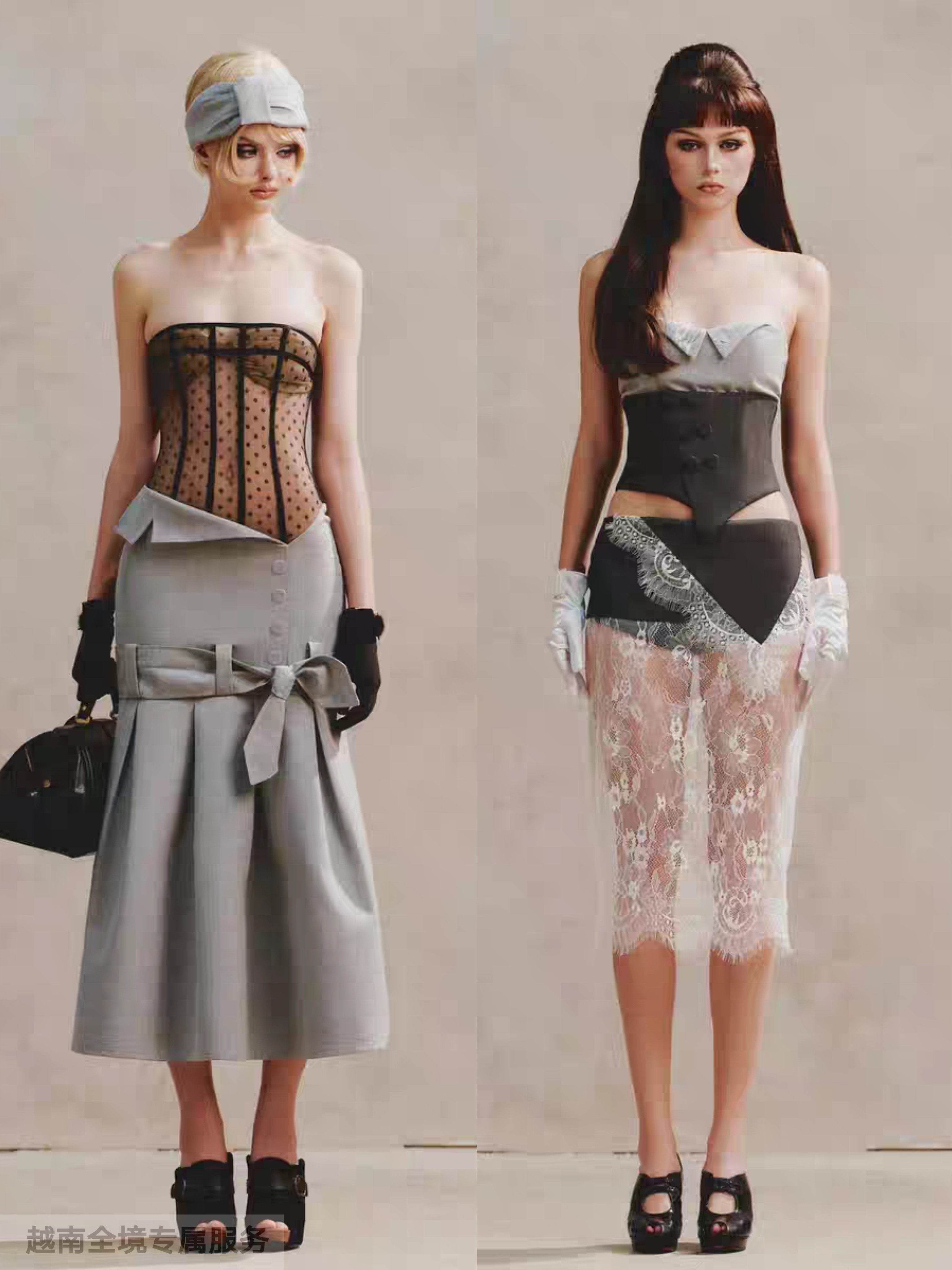 越在线越南小众ibiboss新款性感辣妹拼接蝴蝶结连衣裙/蕾丝套装