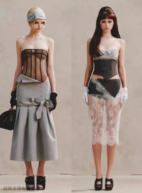 越在线越南小众ibiboss新款性感辣妹拼接蝴蝶结连衣裙/蕾丝套装