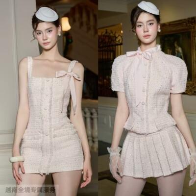 越在线越南小众ameliee时尚气质蝴蝶结小香风吊带连衣裙/短裙套装