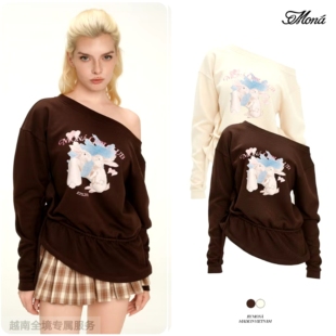 越在线越南小众mona新款简约露斜肩长袖印花上衣百褶短裙短裙套装