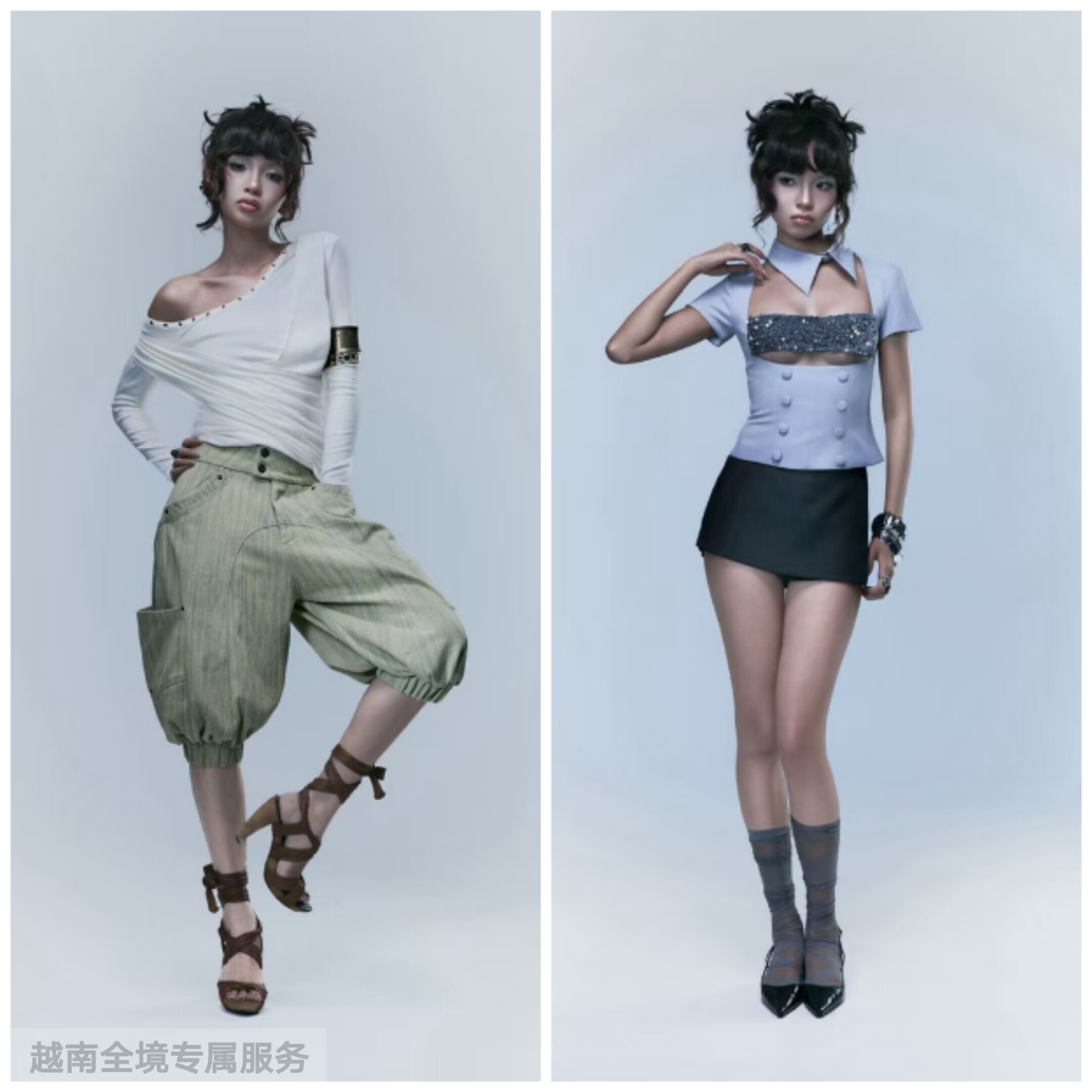 越在线越南小众reis新斜肩露肩上衣短裤套装+立领短袖半身裙套装