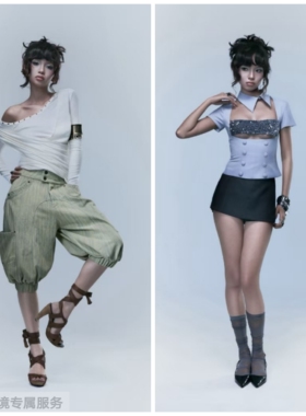 越在线越南小众reis新斜肩露肩上衣短裤套装+立领短袖半身裙套装