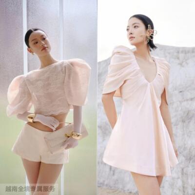越在线越南小众ononmade新款纯欲风泡泡袖短裤套装/深V大摆连衣裙