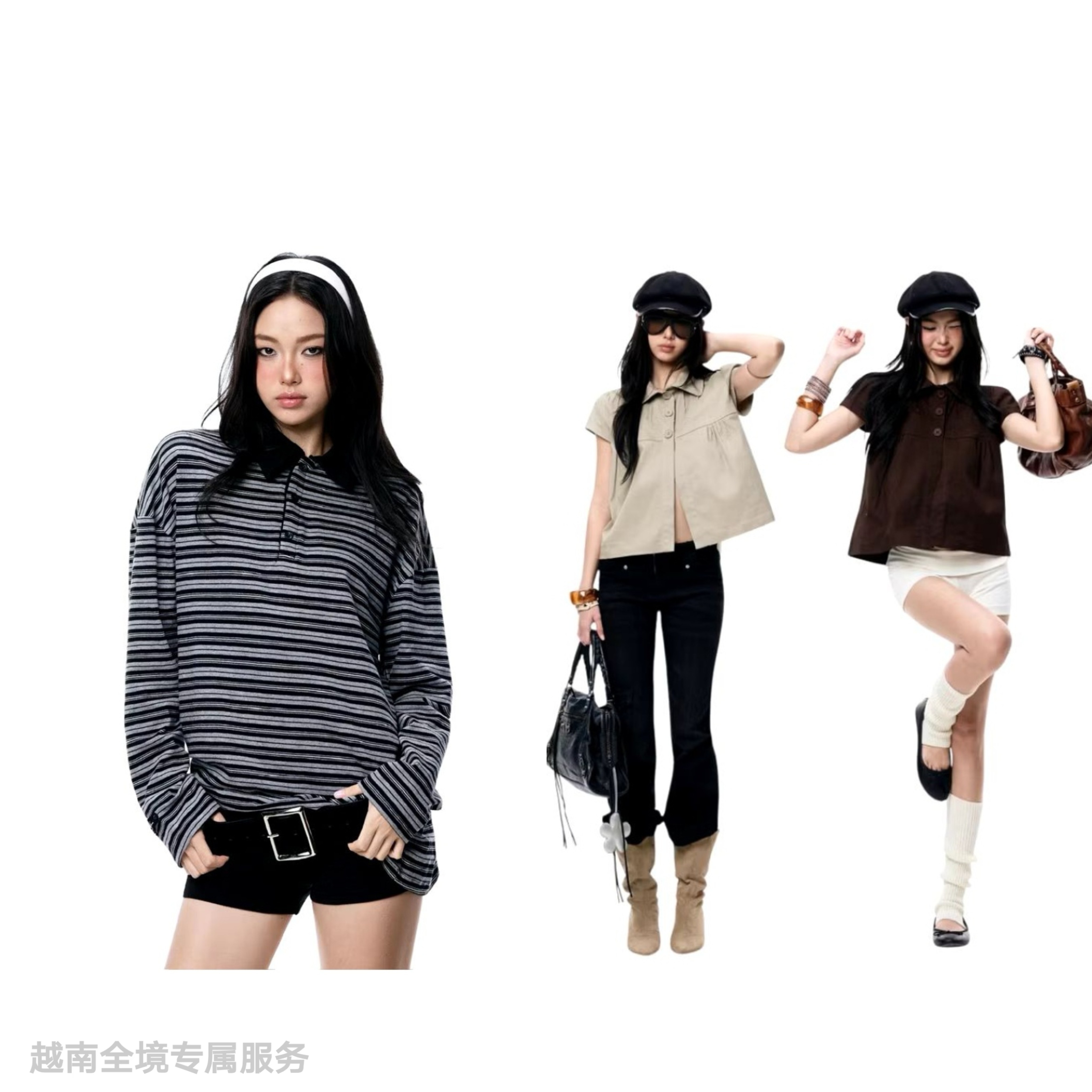 越在线越南小众the stan简约时尚条纹衬衫/可爱娃娃领休闲上衣