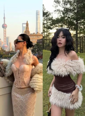 越在线越南小众barc性感辣妹毛毛抹胸上衣/短裤/半裙套装