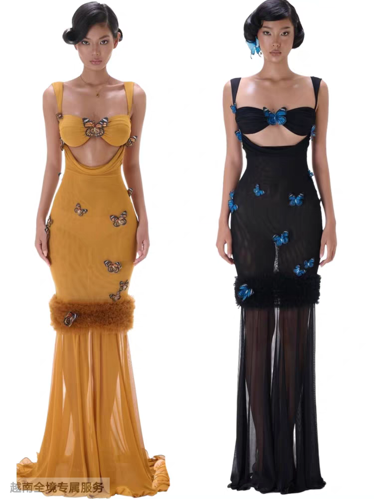 越在线越南小众ibiboss大方领镂空文胸立体花修身显瘦长裙连衣裙