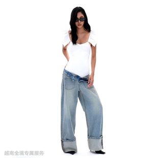 百搭宽松直筒牛仔裤 越在线越南小众Tekda简约飞袖 纯色上衣时尚