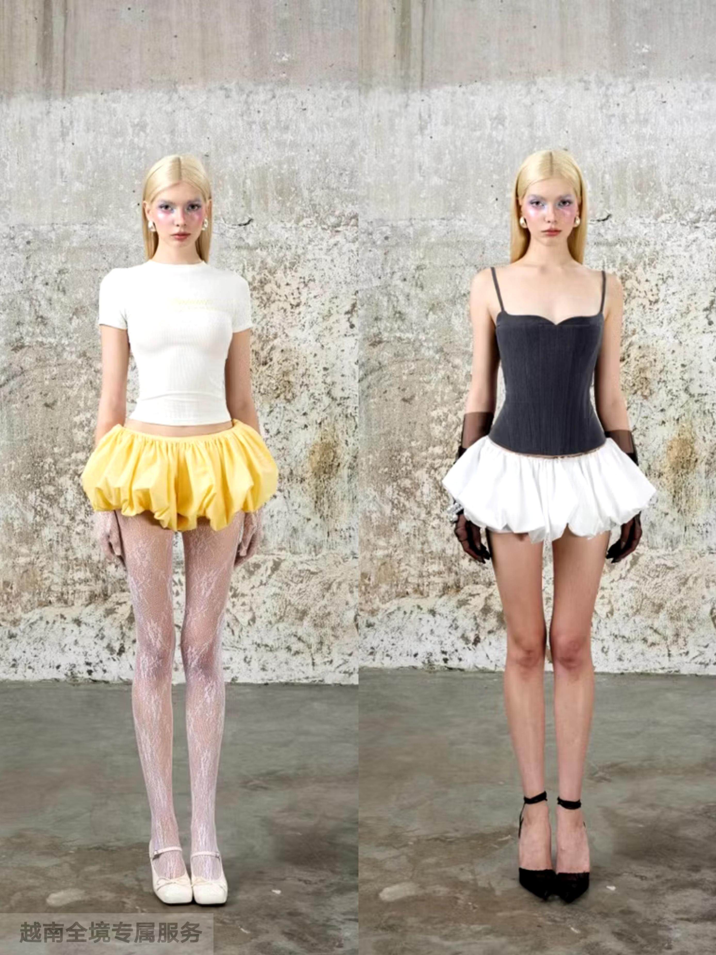 越在线越南小众depass清新淡雅短袖/鱼骨吊带上衣花苞蓬蓬裙套装