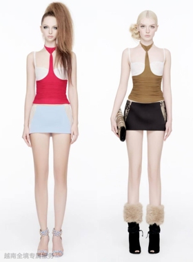越在线越南小众doublebizz新款性感辣妹挂脖撞色露背修身短裙套装