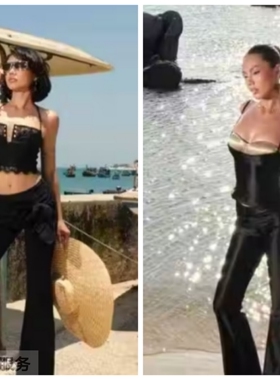 越在线越南小众barc新款拼接吊带微喇裤套装+蕾丝挂脖微喇裤套装