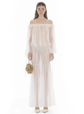 越在线越南小众doublebizz纯欲风性感半透明一字肩荷叶边连衣裙