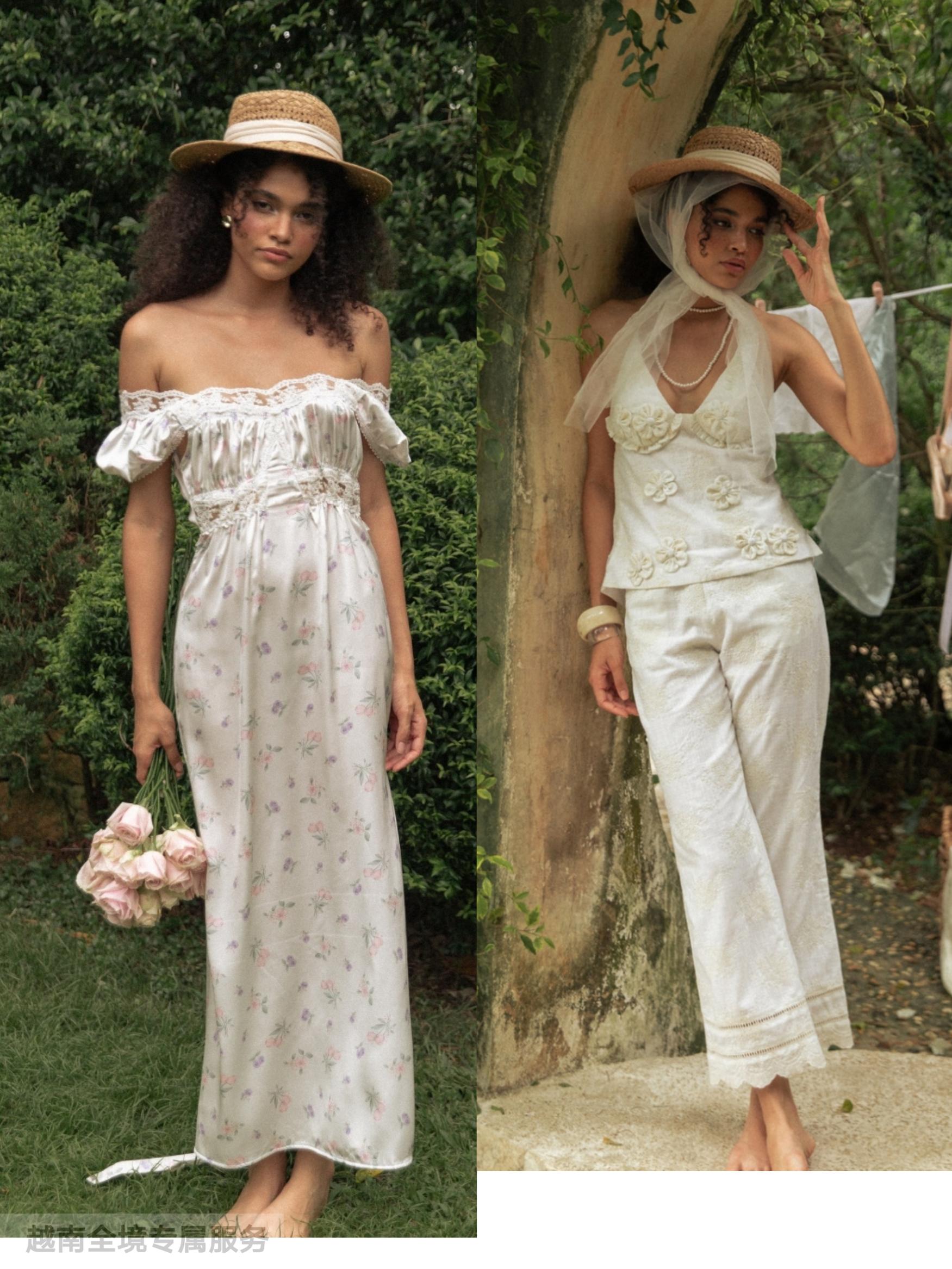 越在线越南小众country田园风美碎花吊带连衣裙/花朵吊带长款套装
