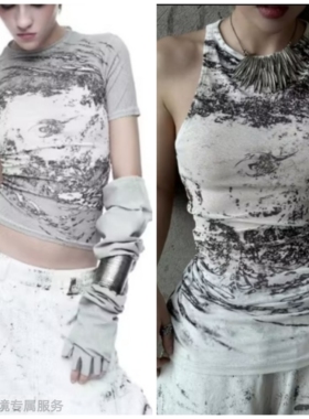 越在线越南小众ets新款-灰色印花短袖T恤+印花无袖背心