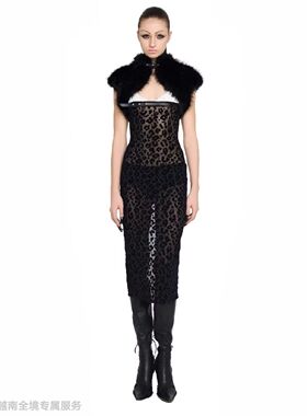 越在线越南小众品牌lsoul新款性感豹纹拼接毛毛领连衣裙