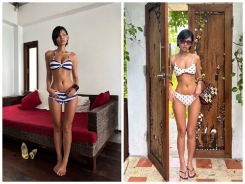 越在线越南小众hehr新款纯欲风条纹比基尼+波点比基尼泳衣套装