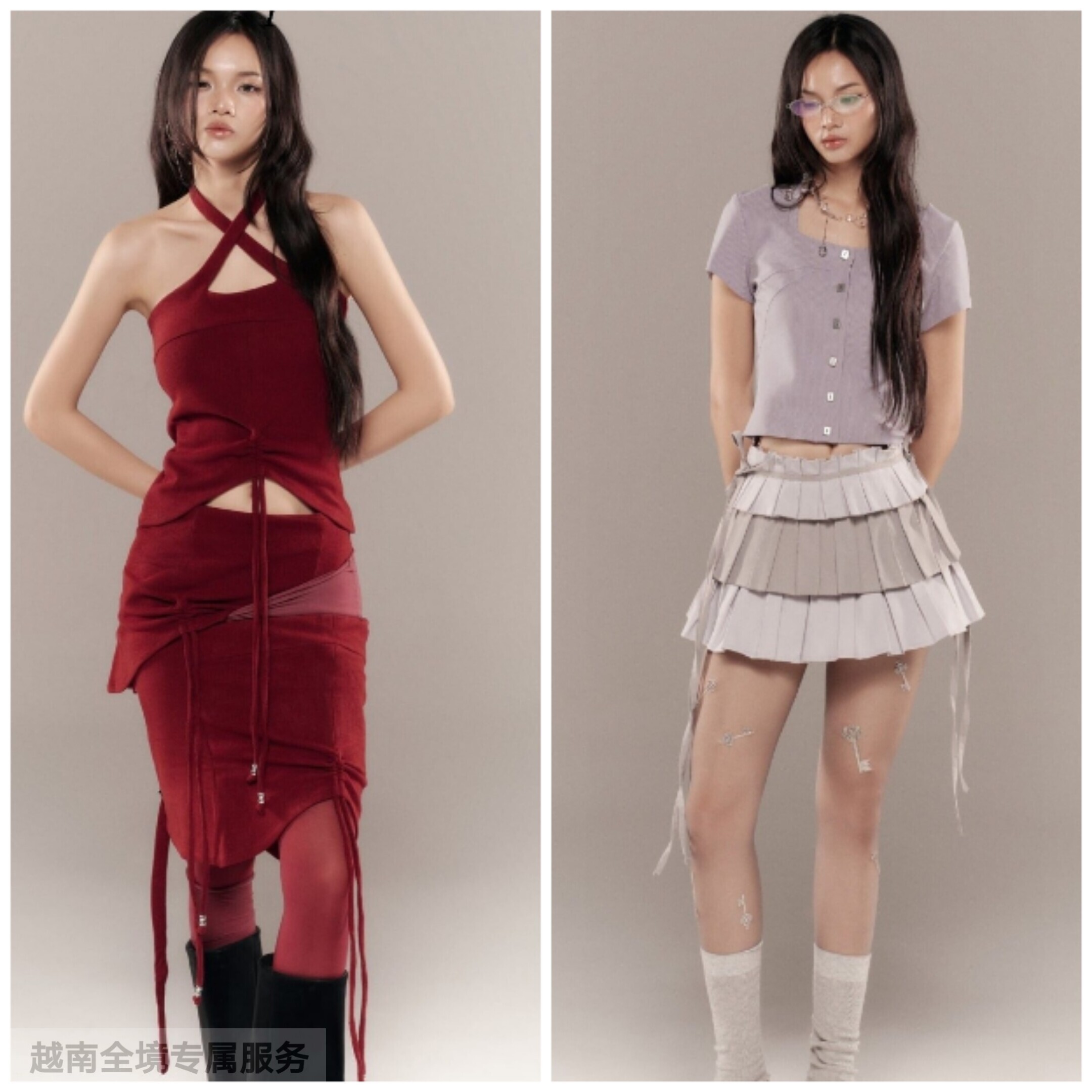 越在线越南小众bunnyhill新款红色挂脖上衣+灰色条纹百褶裙套装