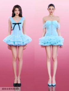 越在线越南小众moulinrose新款女神网纱蝴蝶结/抹胸蓬蓬连衣裙