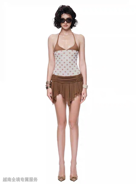 越在线越南小众doublebizz新款性感辣妹风波点上衣不规则连衣裙