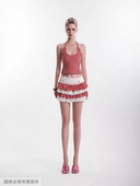 越在线越南小众bubble条纹挂脖露背性感辣妹风上衣蛋糕短裙套装