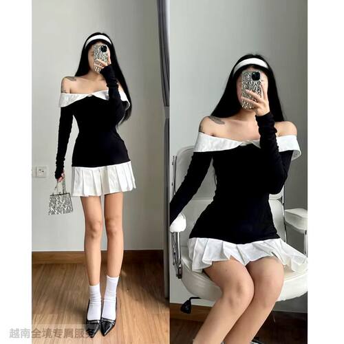 越在线越南小众品牌Gram新款性感辣妹一字肩修身上衣花苞蓬蓬裙