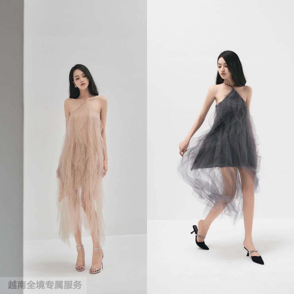 越在线越南小众XIPI露肩女神清新多层耳边气质不规则长裙连衣裙