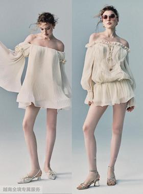 越在线越南小众mirae优雅气质一字肩荷叶边短裙/宽袖褶皱大摆短裙