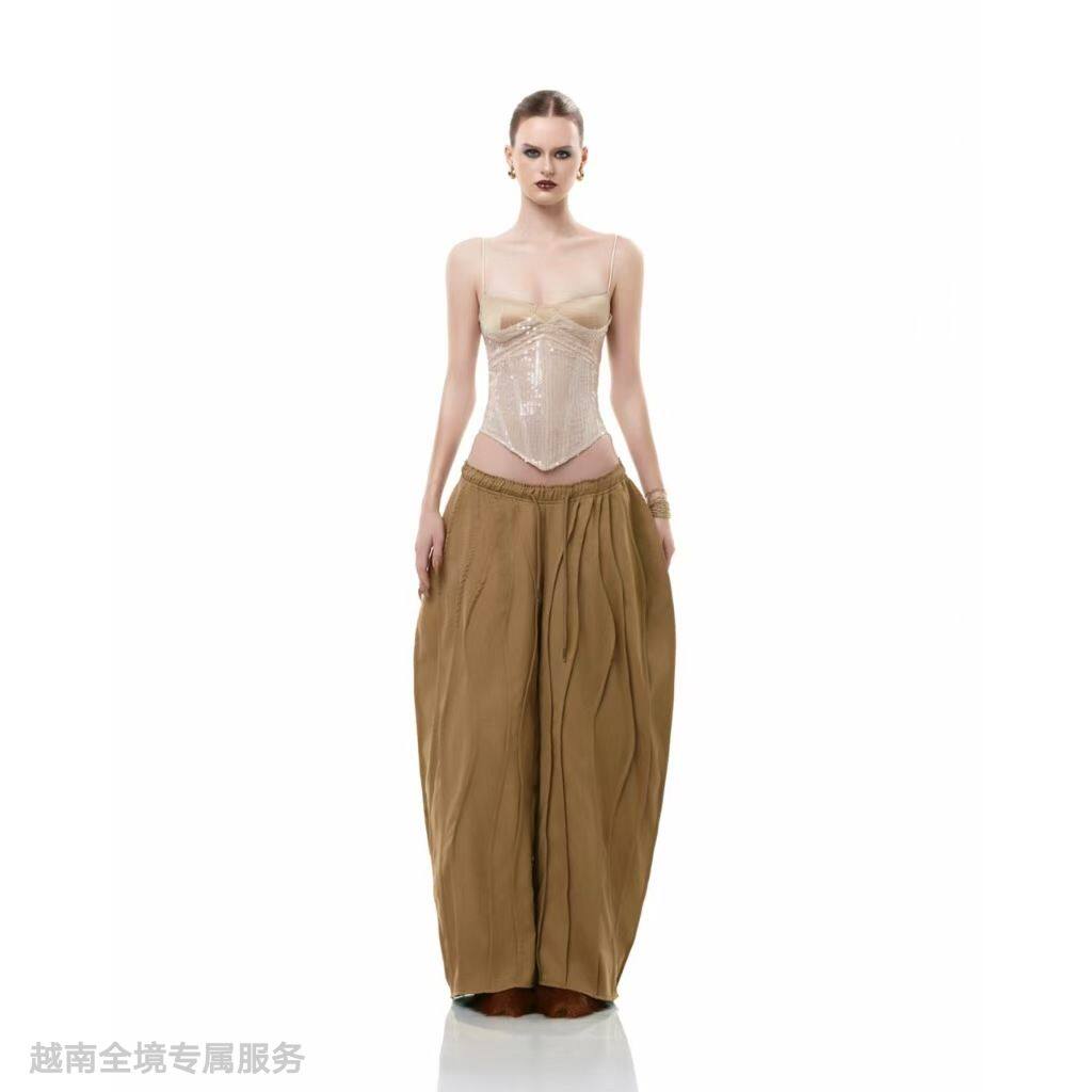 越在线越南小众liniss新款性感亮片吊带后背绑带背心休闲阔腿裤