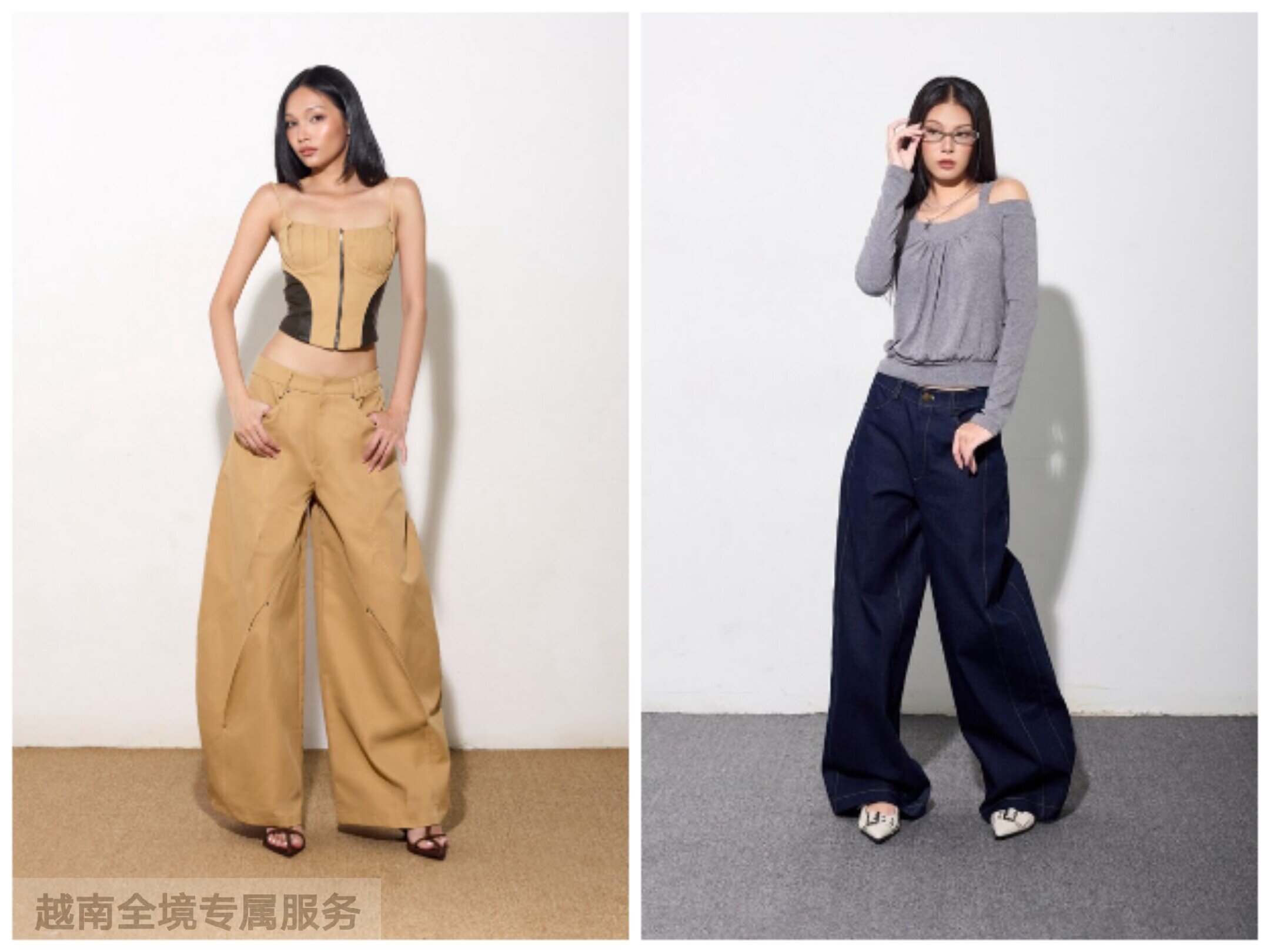 越在线越南小众cera新款露肩吊带阔腿裤套装+长袖上衣阔腿裤套装